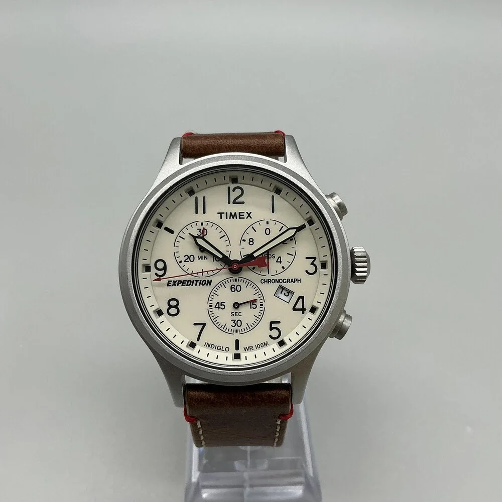 Timex Expedition TW4B04300 Mens Watch 42mm Cream Dial Chronograph New Battery